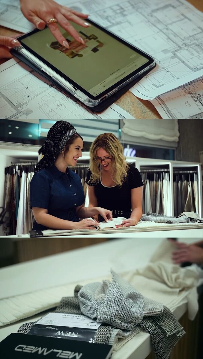 Karen and Inbal reviewing blueprints and fabric samples